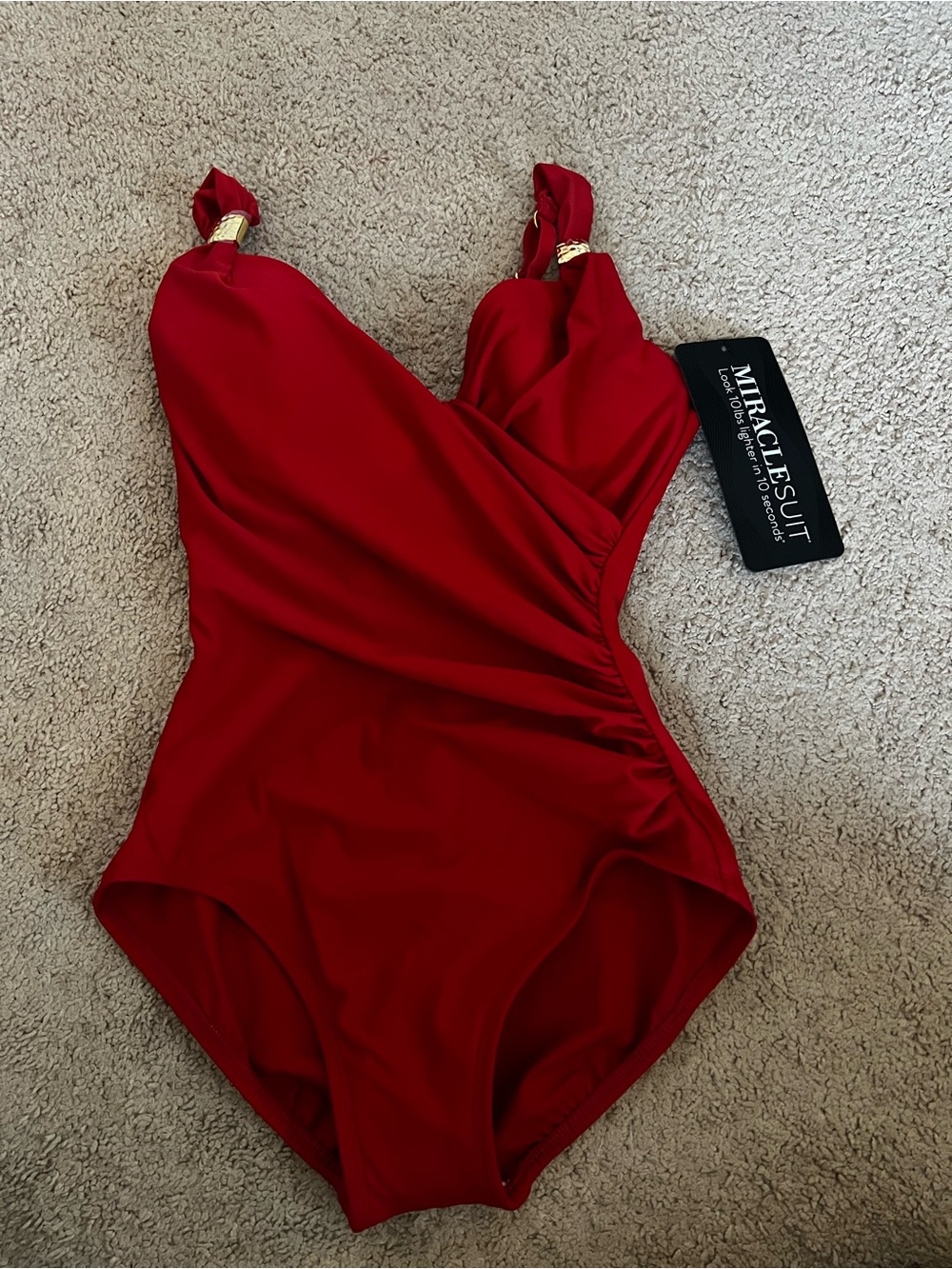 Miraclesuit Red One-Piece Swimsuit with Gold Strap Accents. New with tags.